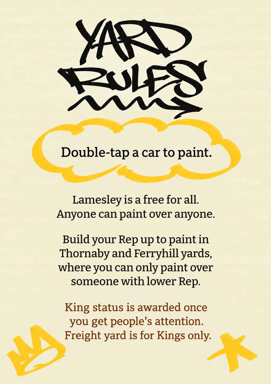 Yard rules. Double-tap a car to paint. Lamesley is a free for all. Anyone can paint over anyone. Build your Rep up to paint in Thornaby and Ferryhill yards, where you can only paint over someone with lower Rep. King status is awarded once you get people’s attention. Freight yard is for Kings only.